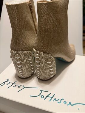 Betsey Johnson Gold Metallic Pearl-Embellished Block Heel Ankle Boots